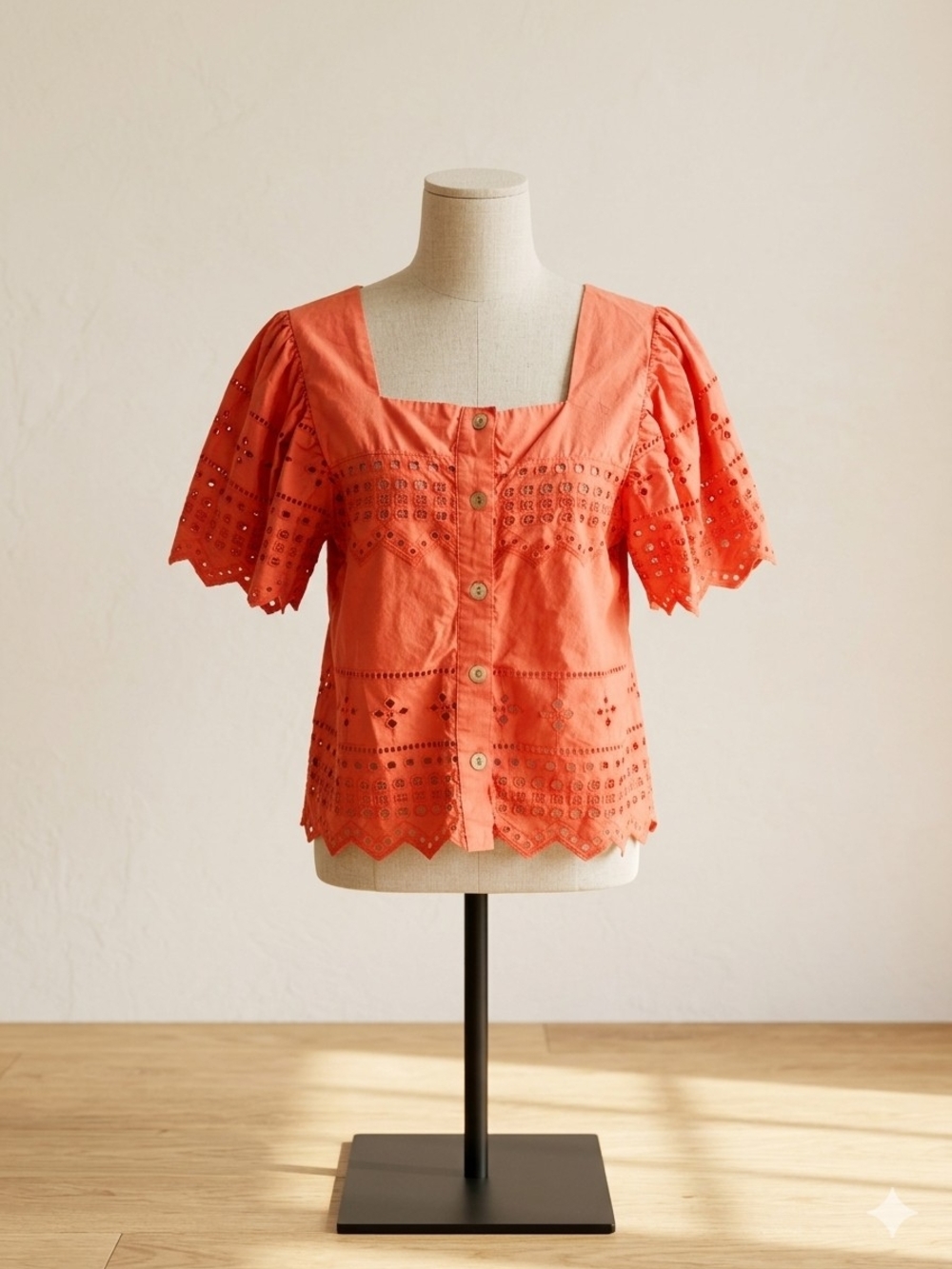 Nicole Miller Coral Eyelet Button-Front Square-Neck Blouse